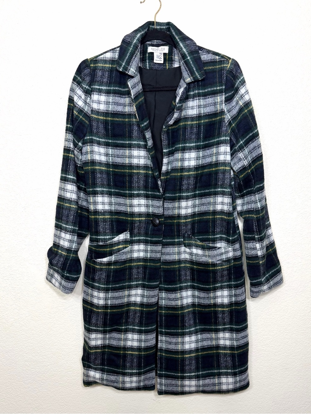 Rachel Zoe Green Plaid Wool Blend Coat Size S